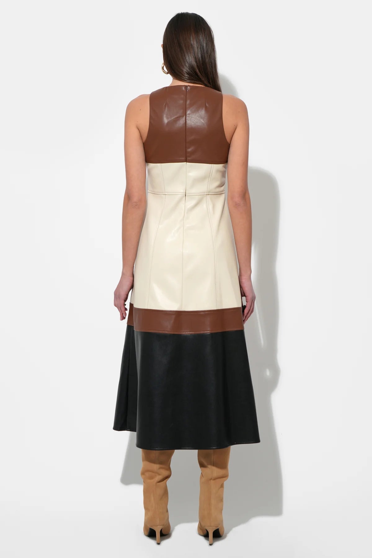 Caspia Vegan Leather Colorblock Midi Dress - Brown Multi