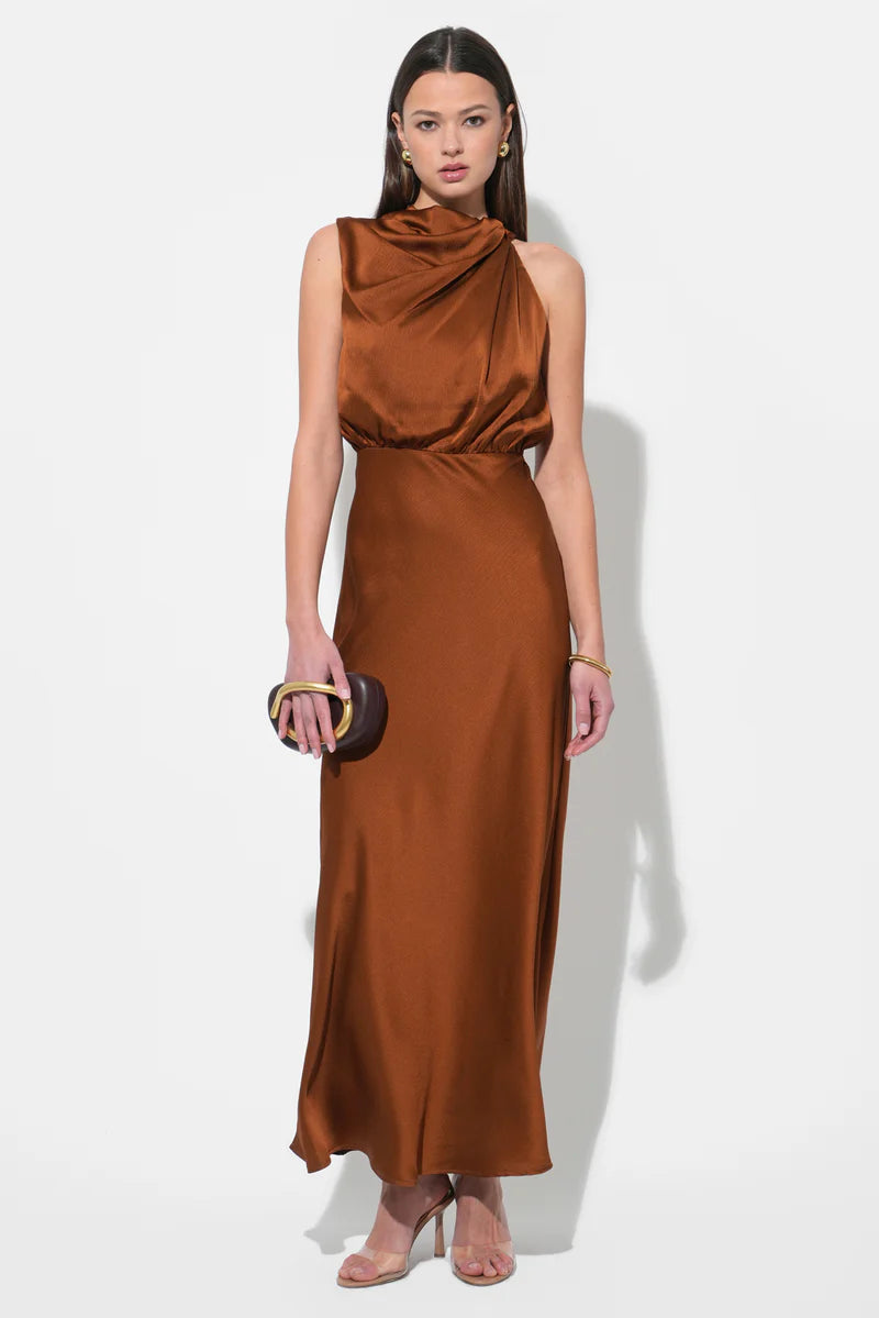Kate Cowl Drape Asymmetrical Maxi Dress - Toffee