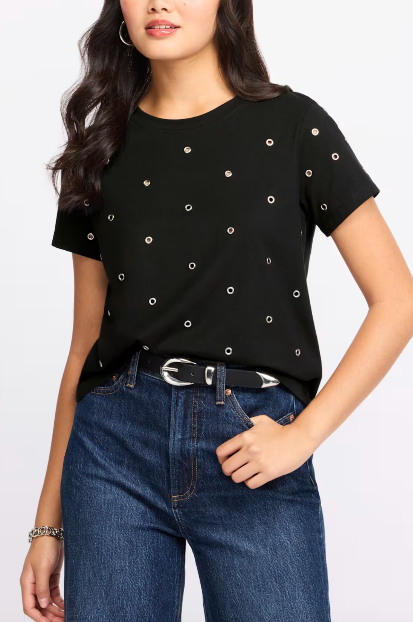 Embellished Tee With Grommets - Faded Black