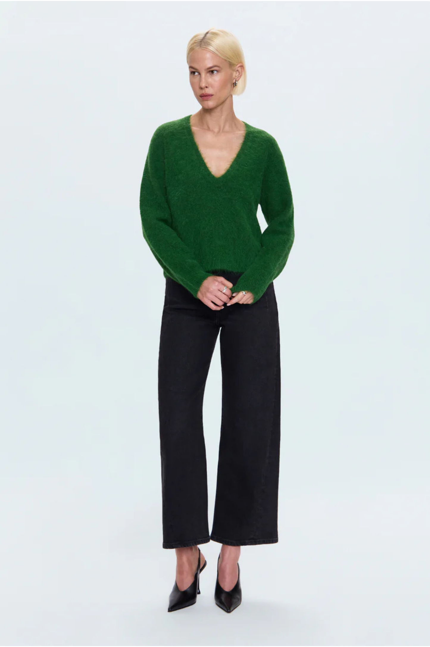 Kit V-Neck Long Sleeve Pullover Sweater - Winter Green