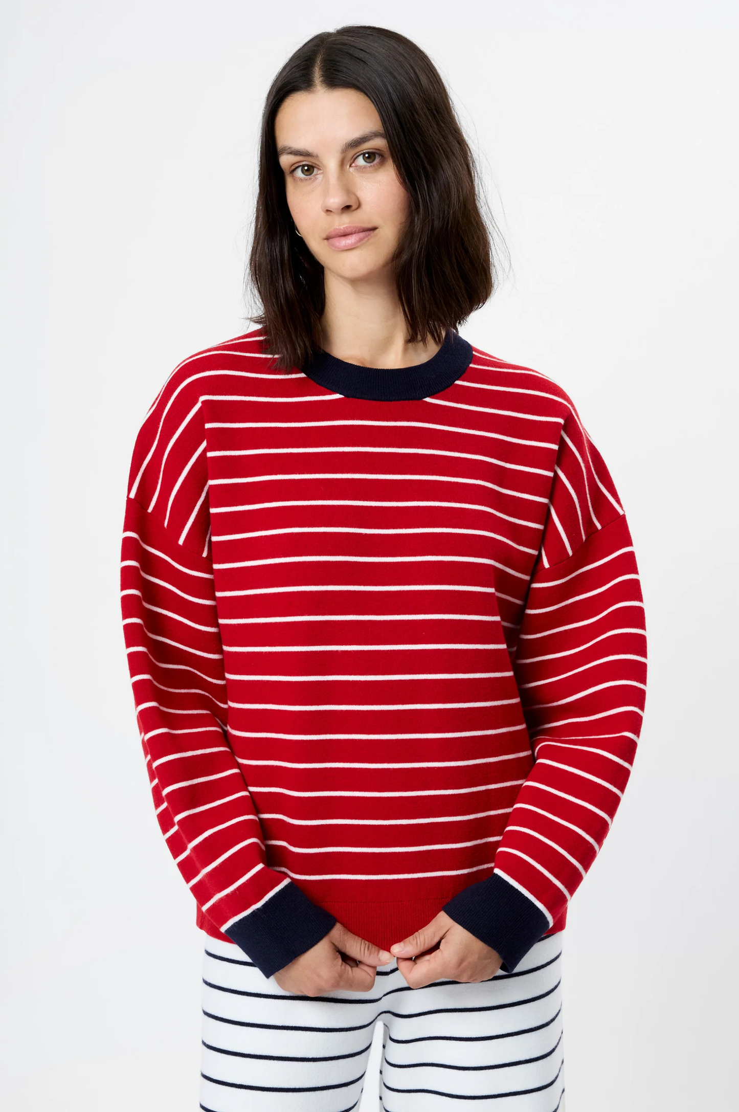 Marley Knit Striped Crew Neck - Crimson Red/White