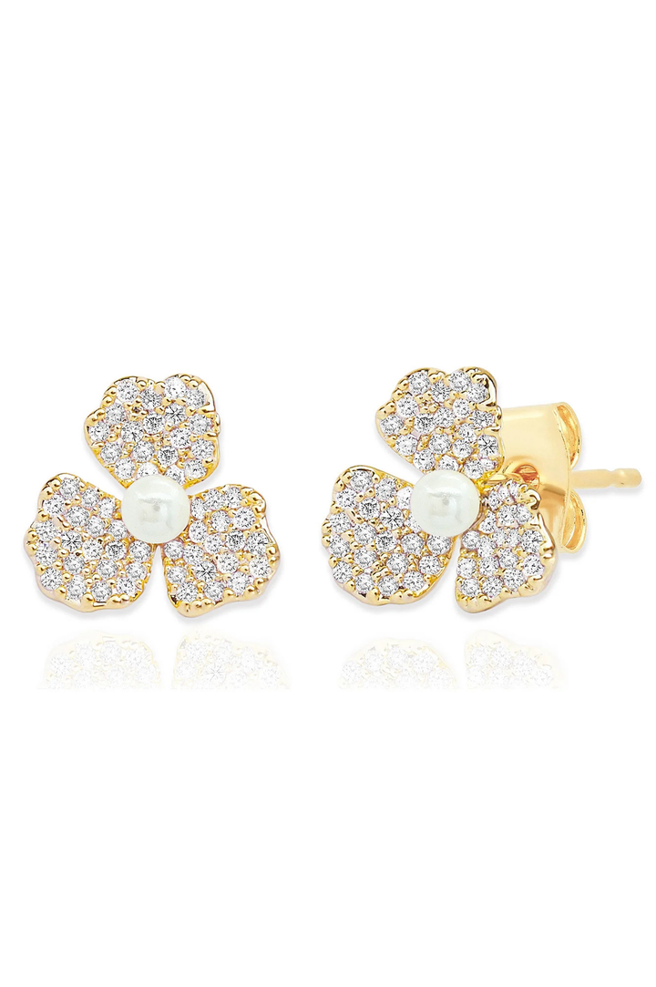 Triple Petal Pave and Pearl Studs