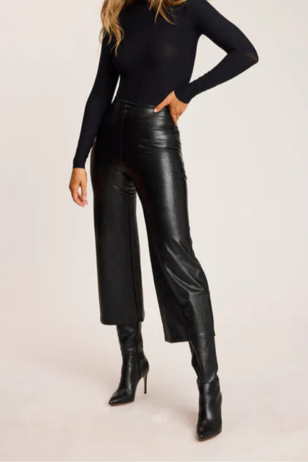 Faux Leather Cropped Wide Leg Pant - Black