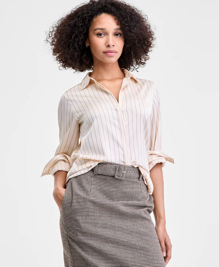 Satin Pinstripe Blouse - Porcelain Cream/Black