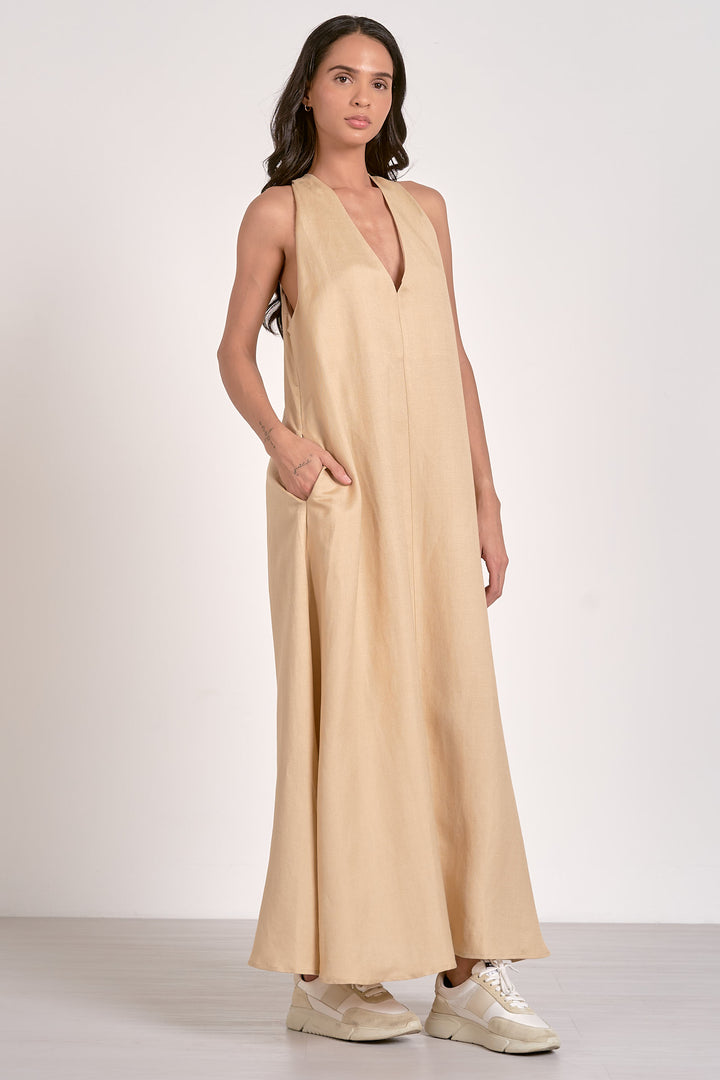 Maxi Sleeveless V-Neck Dress - Khaki