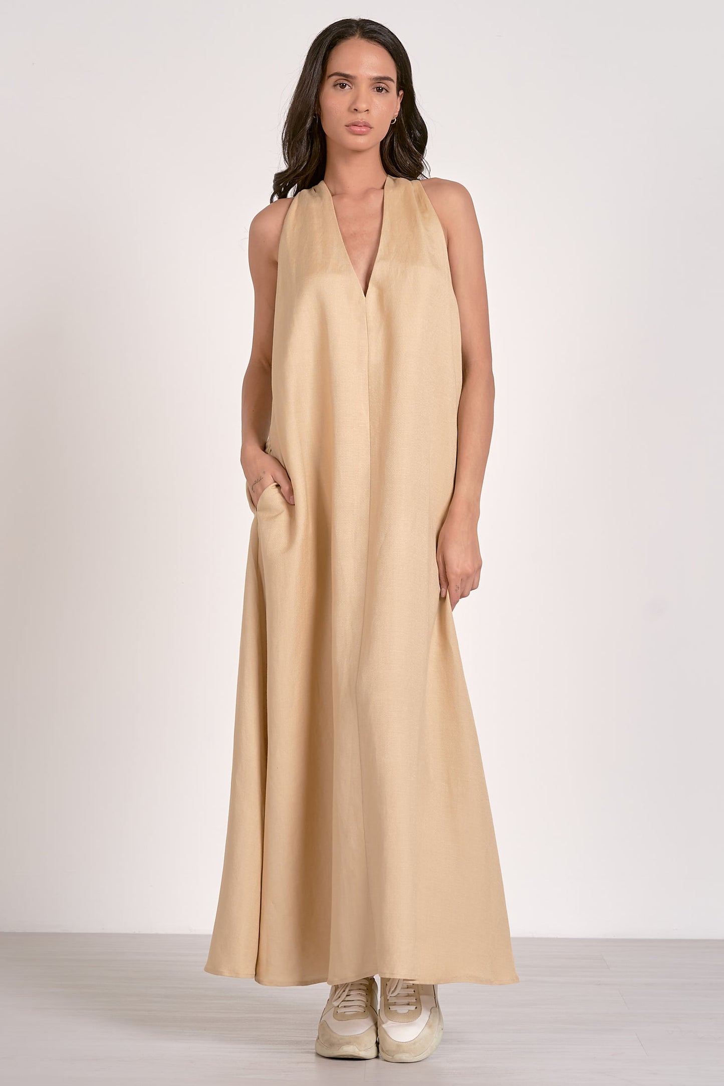 Maxi Sleeveless V-Neck Dress - Khaki