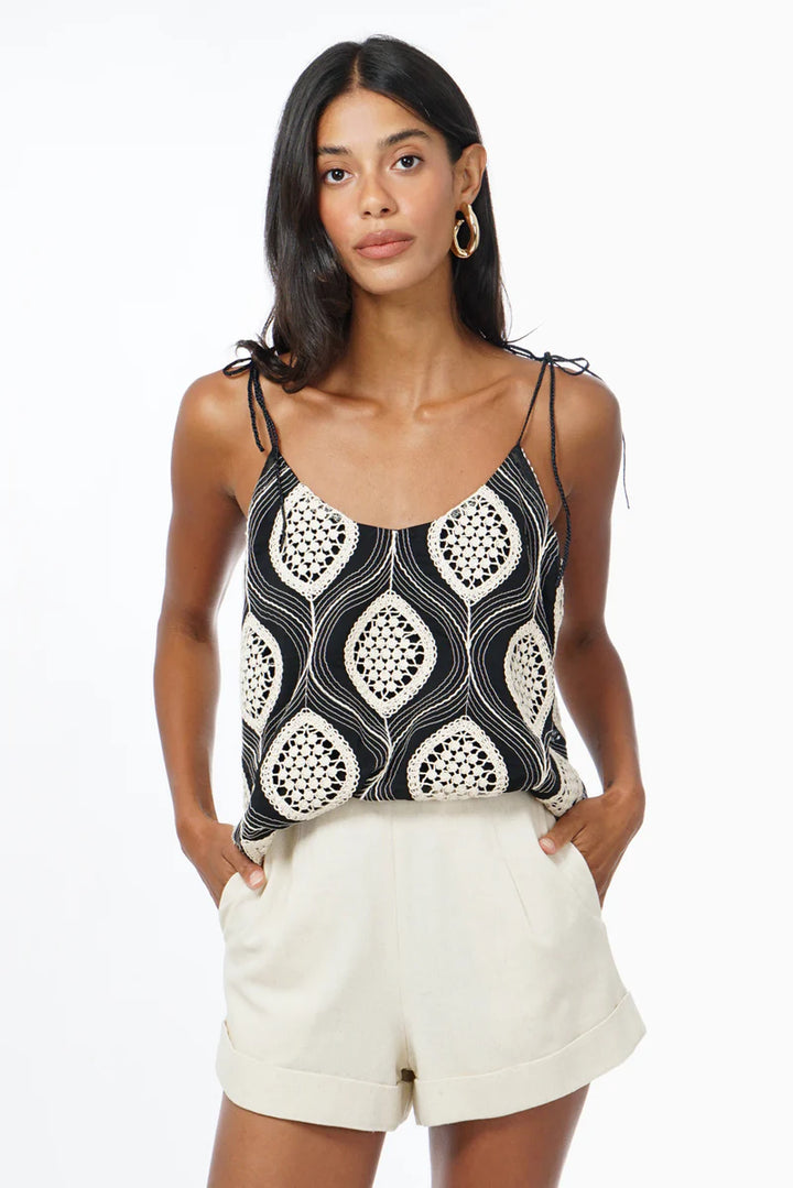 Camila Strappy Embroidered Top - Black/Cream