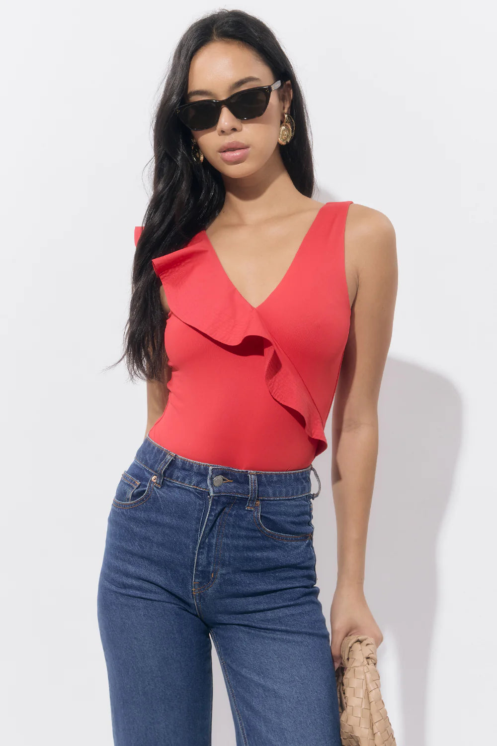 Palmas Asymmetrical Ruffle Bodysuit - Red