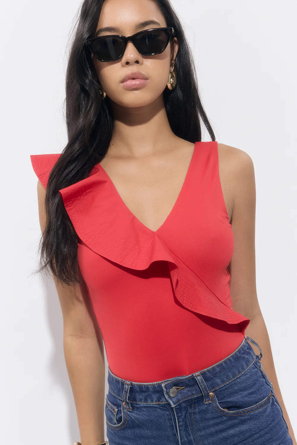 Palmas Asymmetrical Ruffle Bodysuit - Red