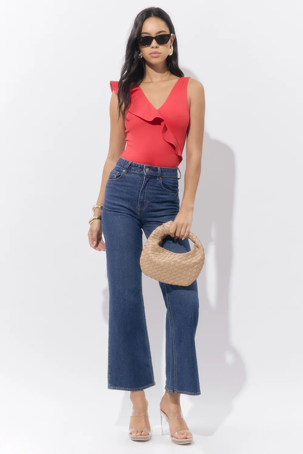 Palmas Asymmetrical Ruffle Bodysuit - Red