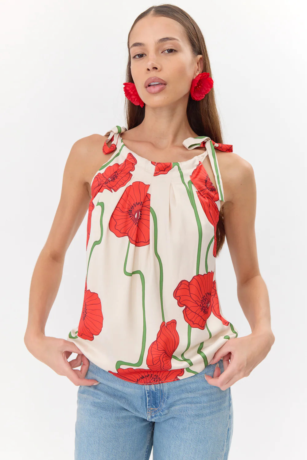 Anaia Abstract Rose Print Side Tie Top - Cream/Red