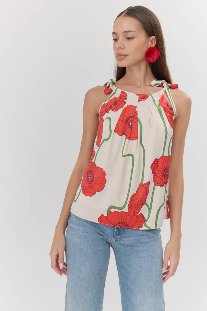 Anaia Abstract Rose Print Side Tie Top - Cream/Red