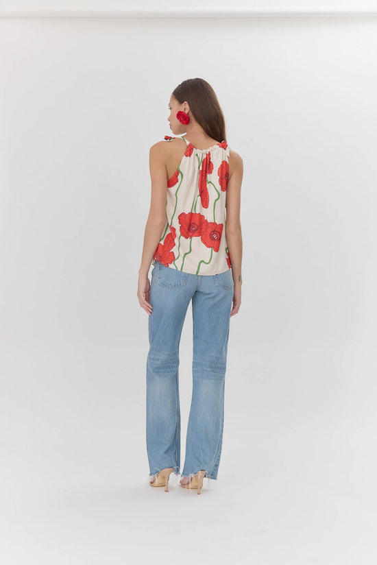 Anaia Abstract Rose Print Side Tie Top - Cream/Red