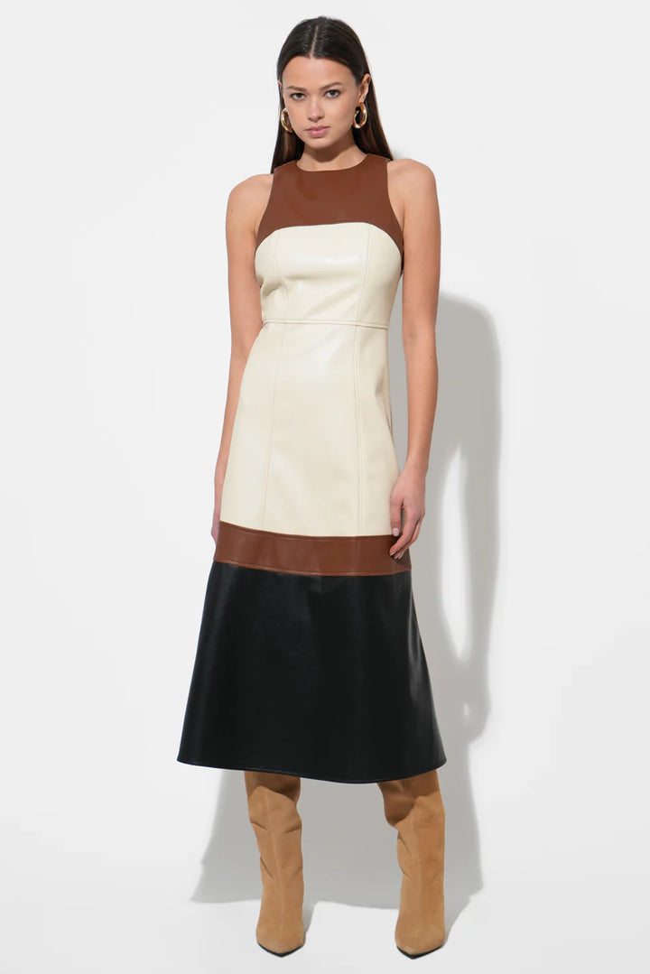 Caspia Vegan Leather Colorblock Midi Dress - Brown Multi