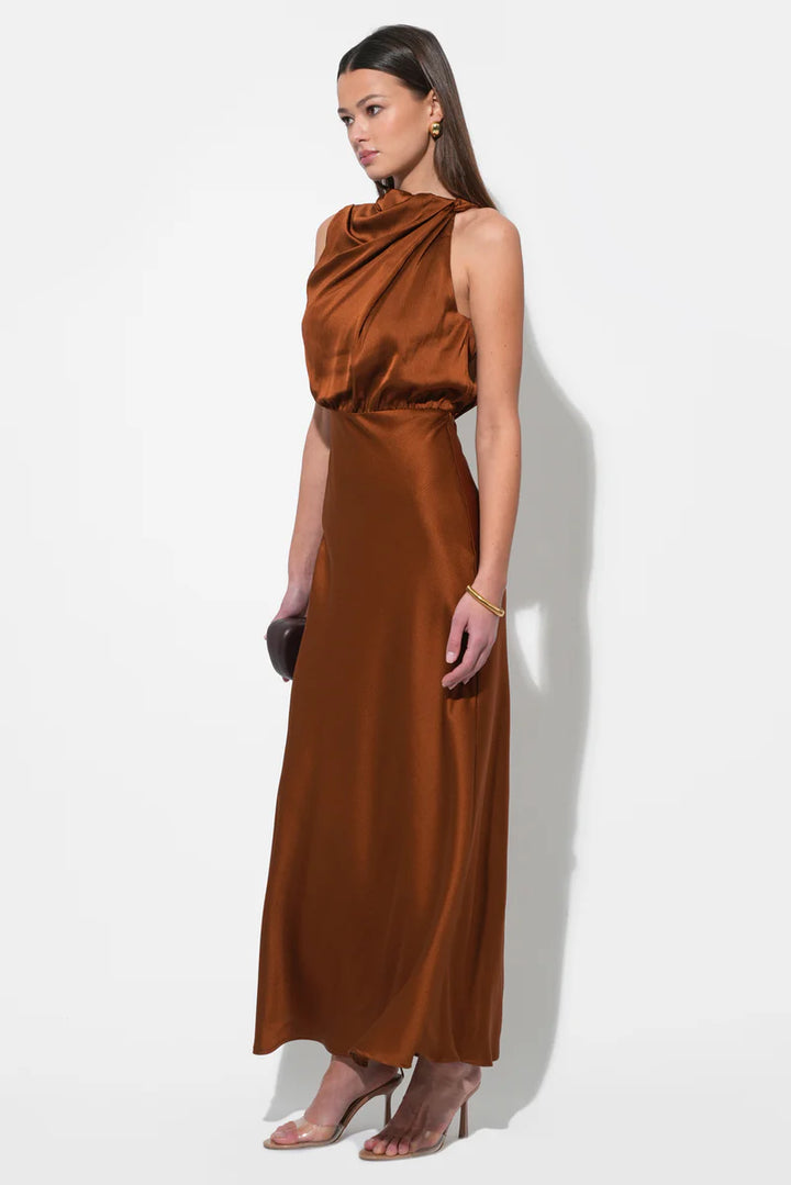 Kate Cowl Drape Asymmetrical Maxi Dress - Toffee