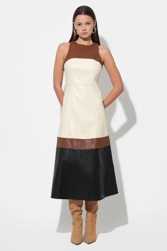 Caspia Vegan Leather Colorblock Midi Dress - Brown Multi