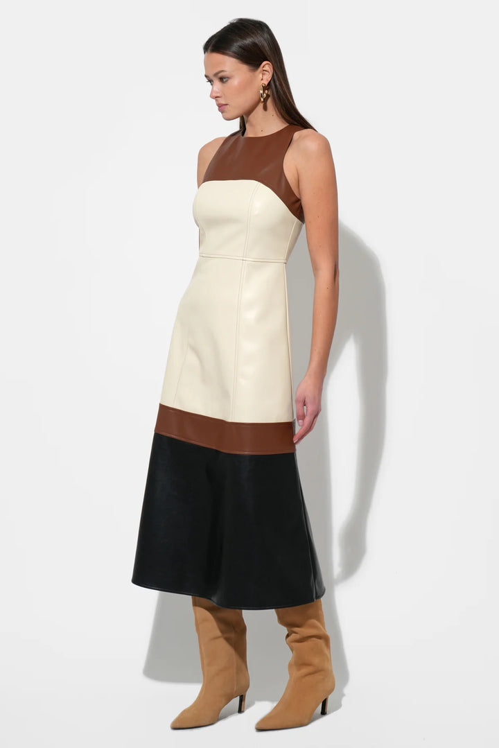 Caspia Vegan Leather Colorblock Midi Dress - Brown Multi