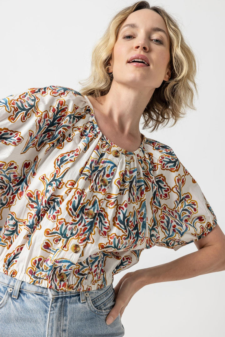 Elastic Hem Button Front Top - Spring Watercolor