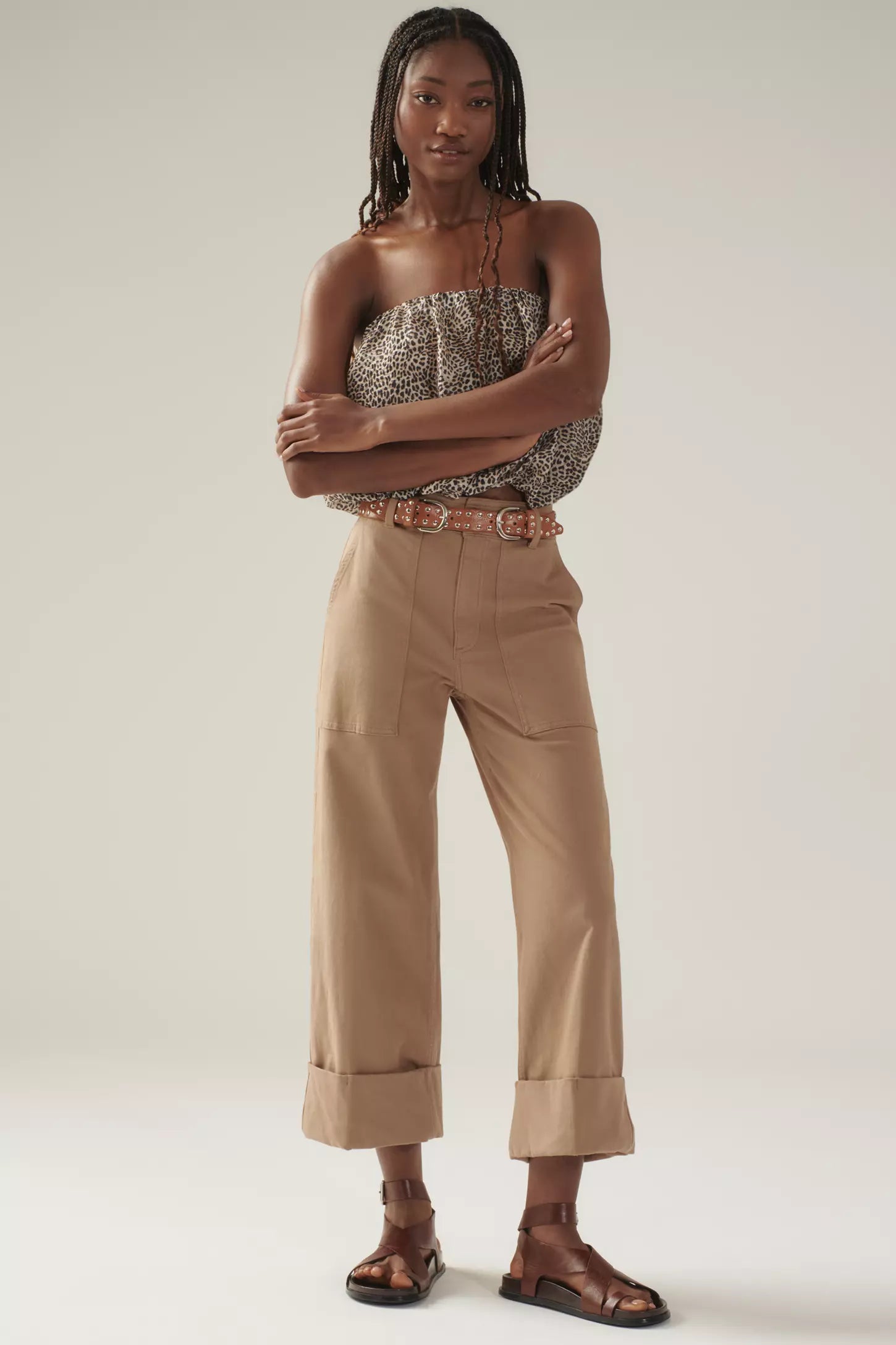 Maya Cuffed Hem Wide Leg Pants - Biscuit