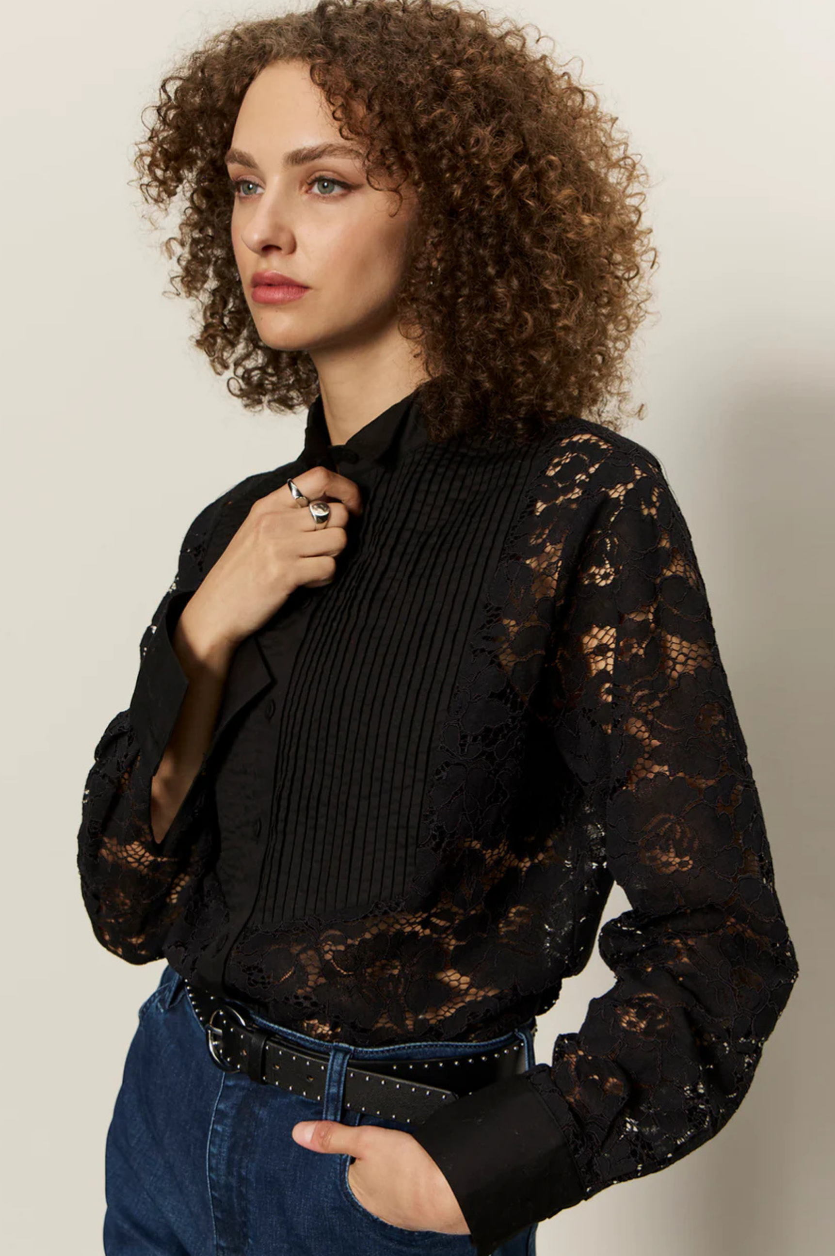 Serendipity Lace Tuxedo Shirt - Black
