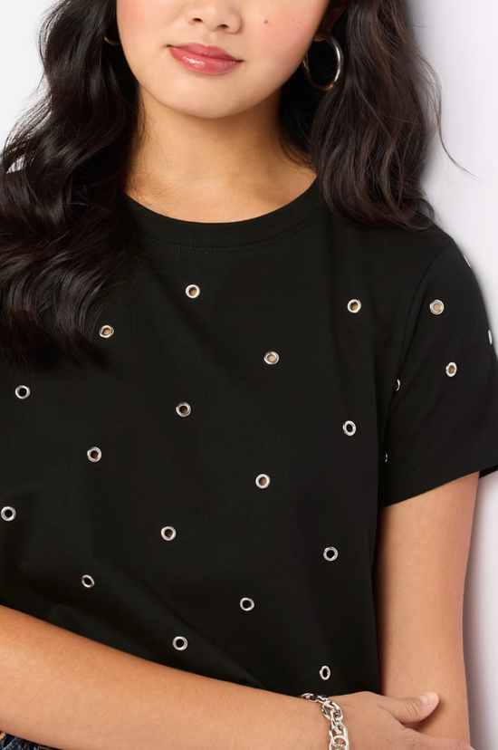 Embellished Tee With Grommets - Faded Black