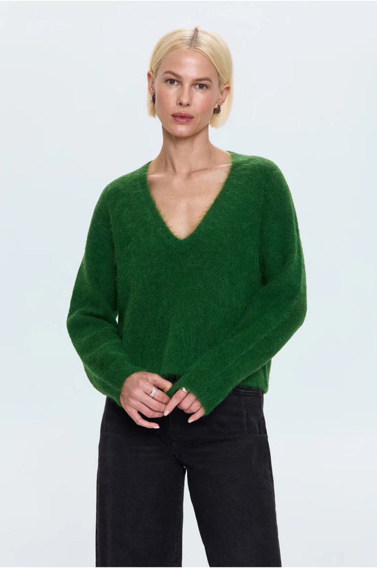 Kit V-Neck Long Sleeve Pullover Sweater - Winter Green