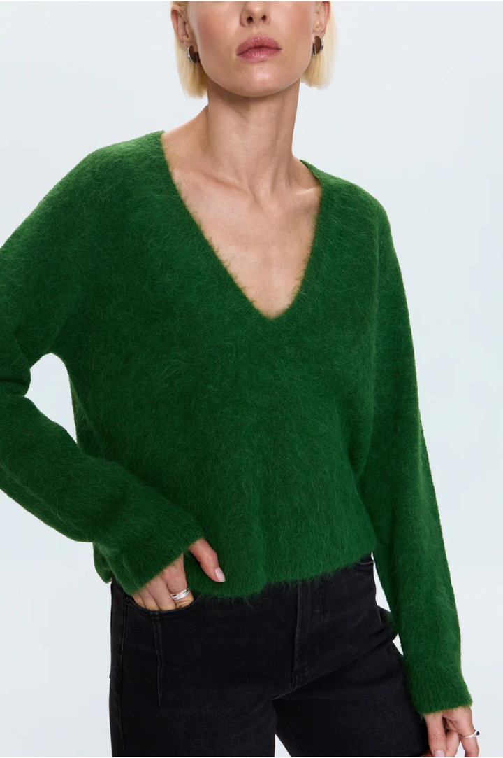 Kit V-Neck Long Sleeve Pullover Sweater - Winter Green
