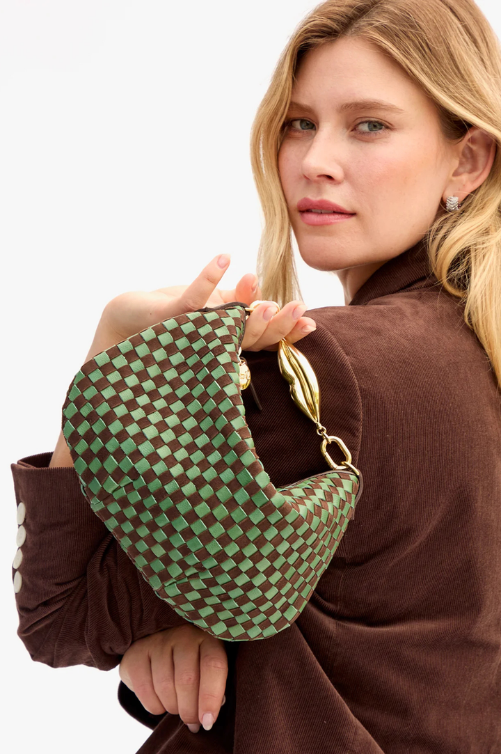 Petit Moyen Messenger - Leather and Suede Woven Checker - Deep Pine/Chocolate