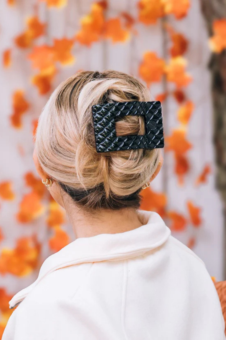 Quilted Large Flat Rectangle Hair Clip - Jet Black
