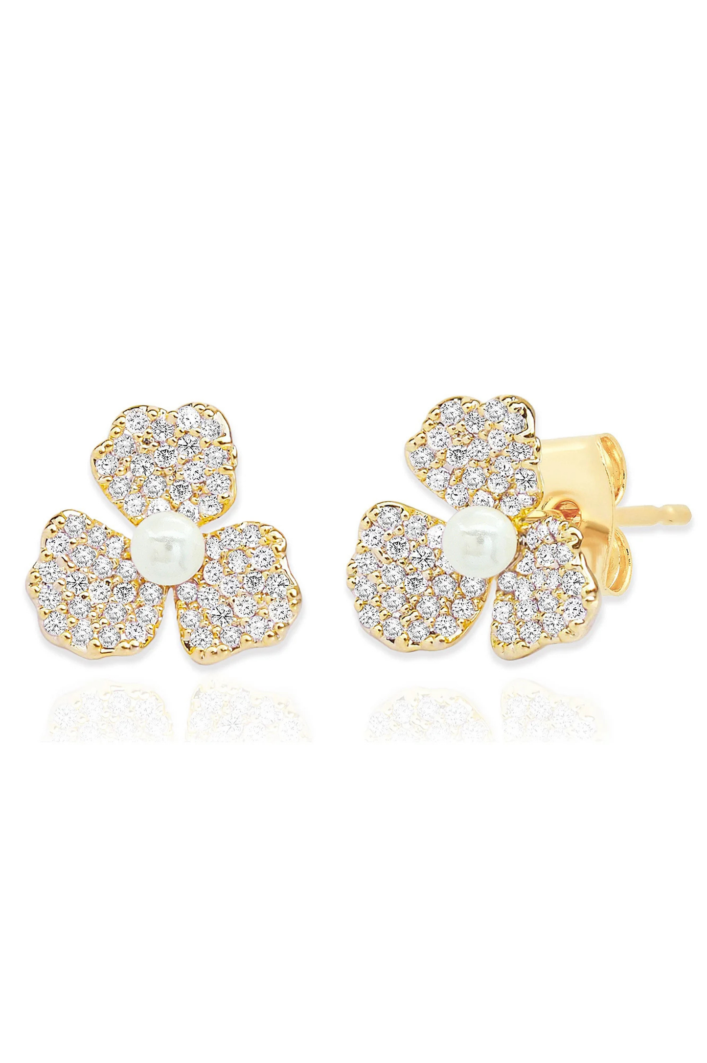 Triple Petal Pave and Pearl Studs