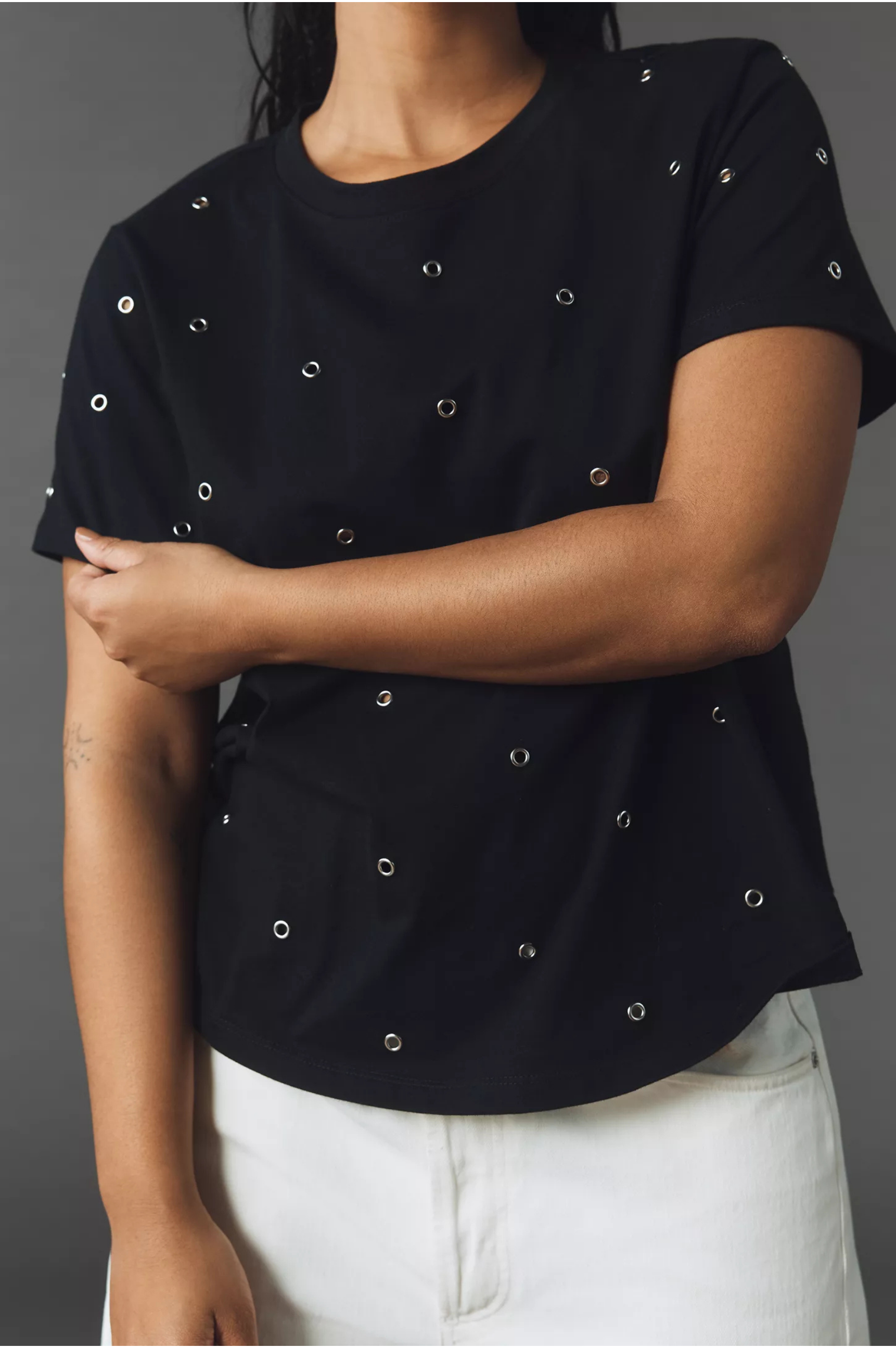 Embellished Tee With Grommets - Faded Black