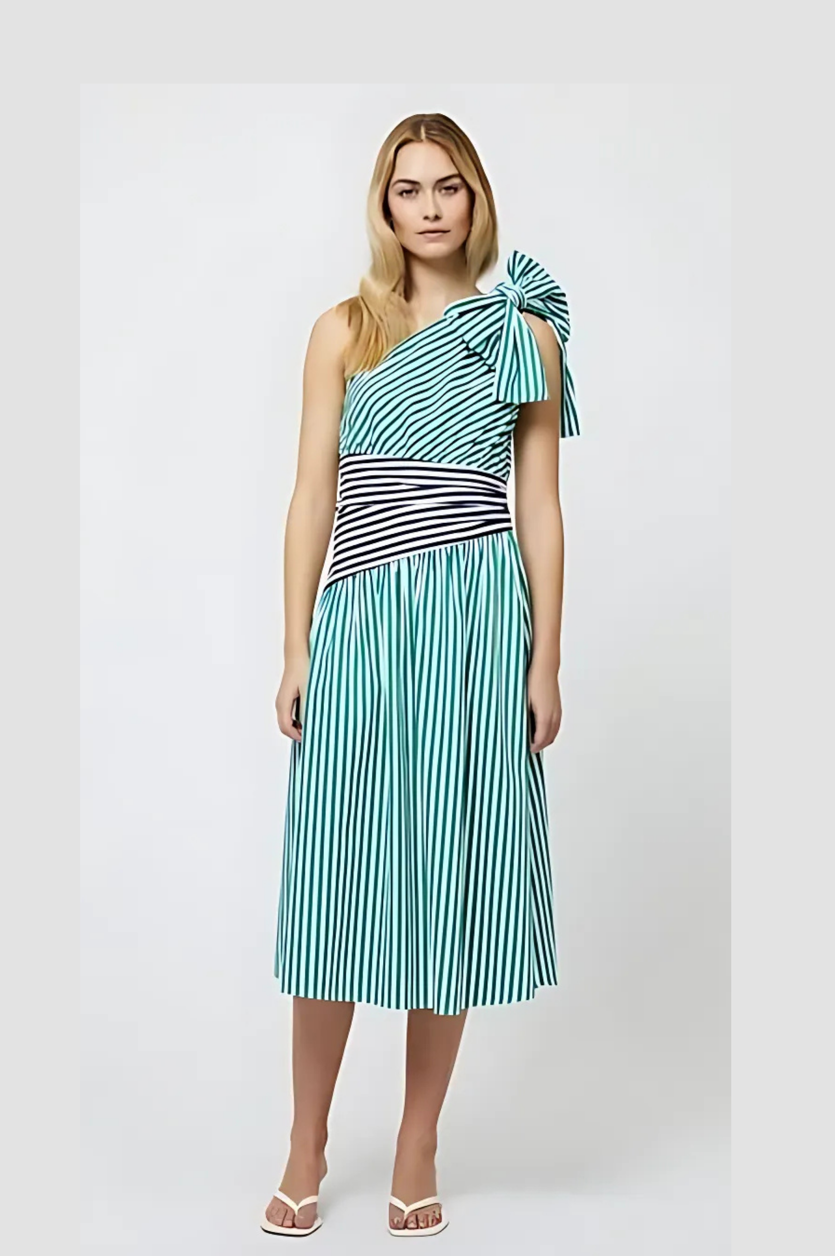 Alexis Cotton One Shoulder Dress- Green/Marine