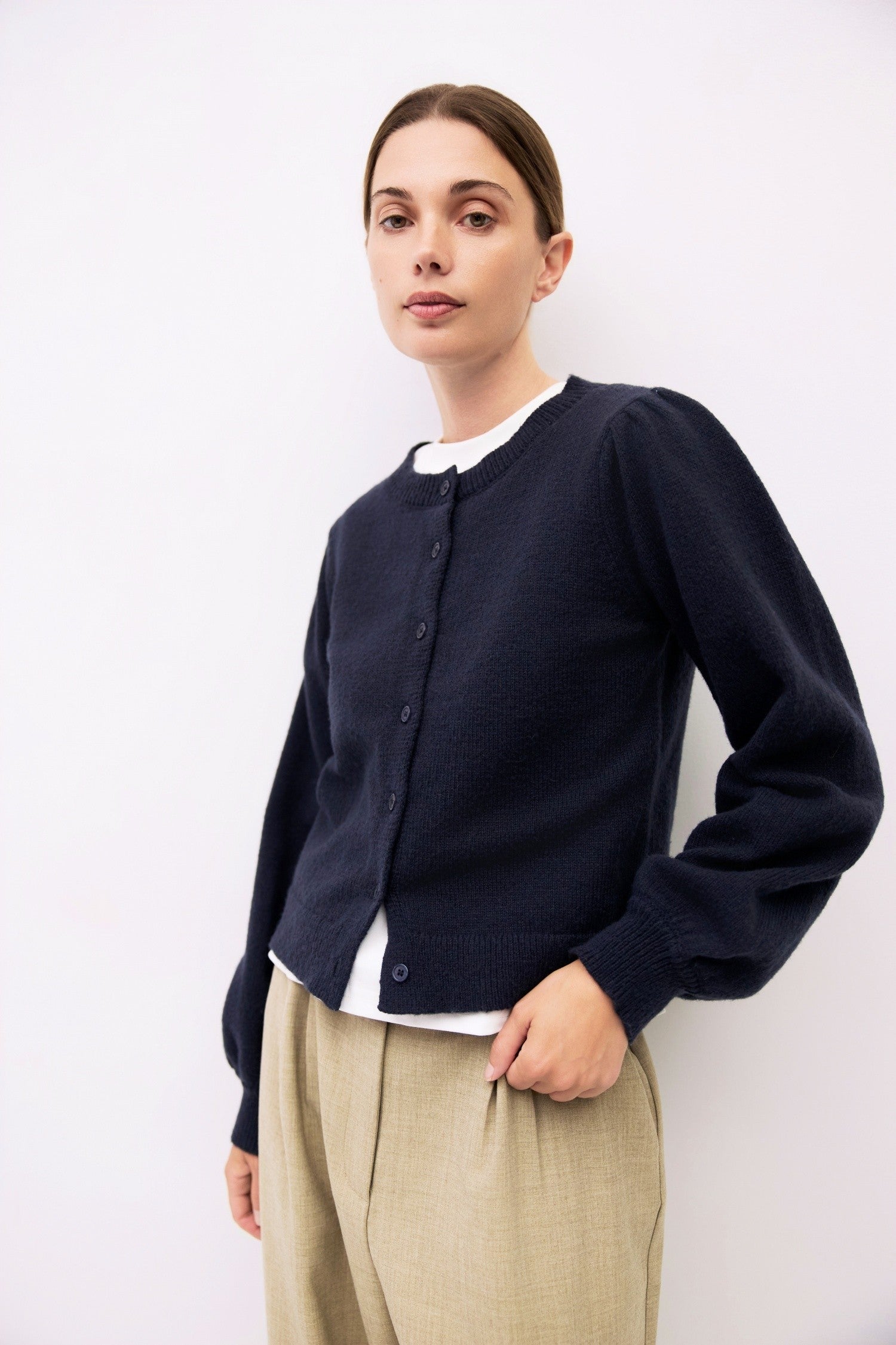 The Sola Puff Sleeve Cardigan - Navy