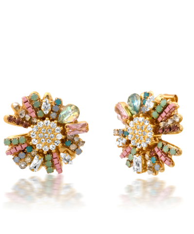 Mixed Bead and Stone Starburst Earrings - Pink